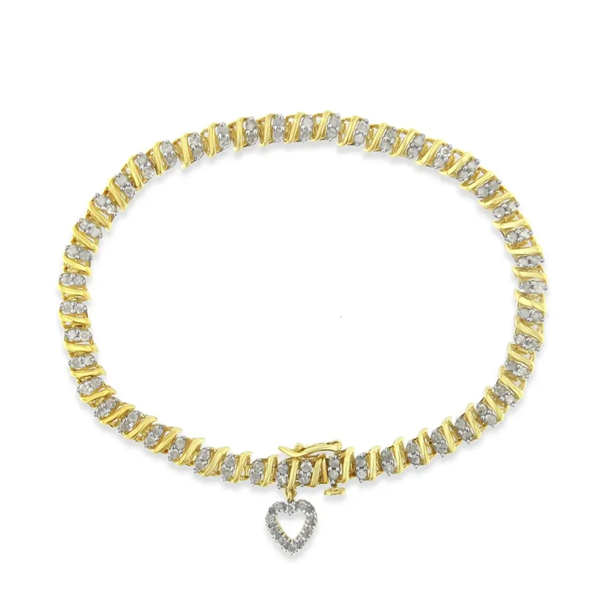 10K Yellow Gold over .925 Sterling Silver 2.0 Cttw Diamond Heart Charm 7" Link Bracelet (I-J Color, I3 Clarity)