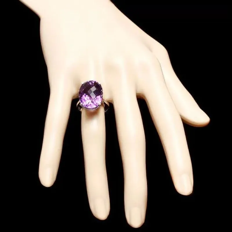 14.80 Carats Exquisite Natural Amethyst 14K Solid White Gold Ring