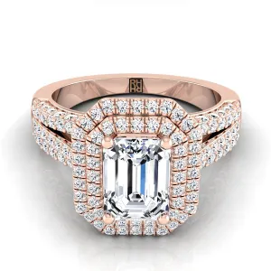 14K Rose Gold Emerald Cut Extraordinary Three Tier Diamond Halo Crown Engagement Ring -7/8ctw