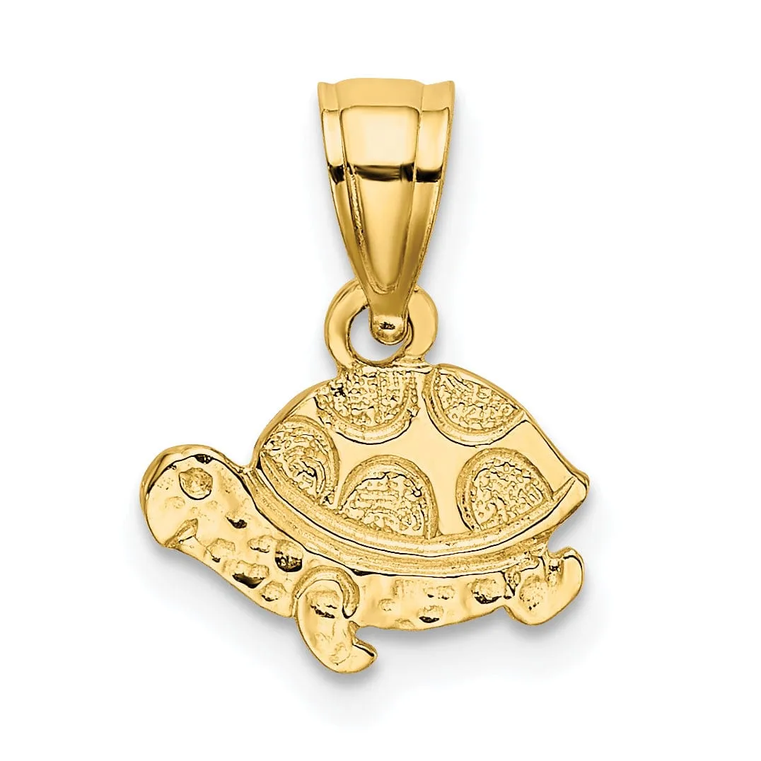 14k Yellow Gold Flat Back Textuted and Polished Finish Solid Casted Engraved Mini Turtle Charm Pendant