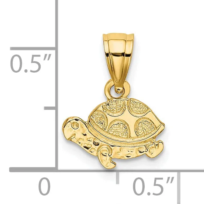 14k Yellow Gold Flat Back Textuted and Polished Finish Solid Casted Engraved Mini Turtle Charm Pendant