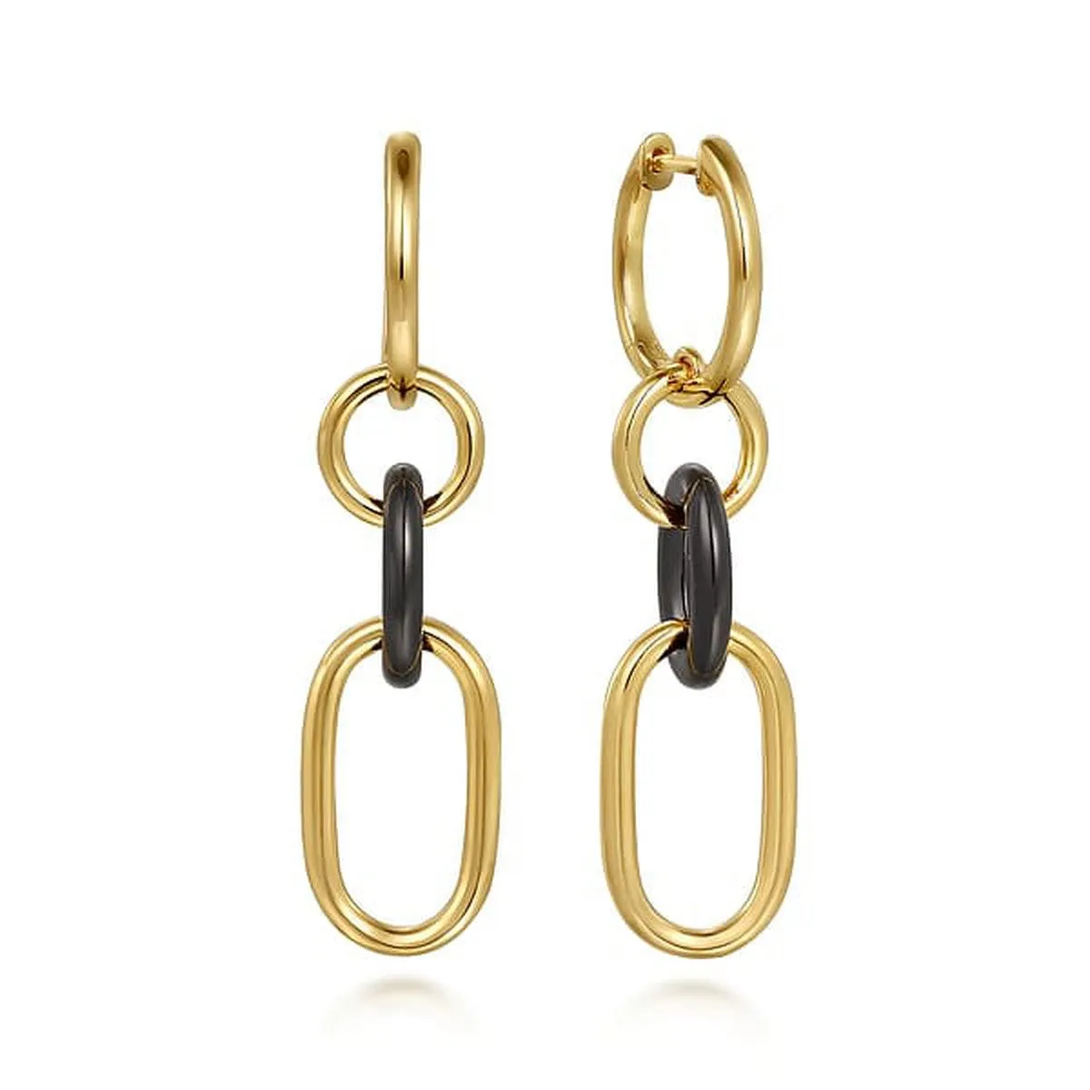 14K Yellow Gold Hollow Tube and Black Oval Ceramic Link Huggie Drop Earrings - EG15019Y4JCB