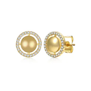 14k Yellow Gold Plated With Diamond Cubic Zirconia Eternity Halo Medallion Stud Earrings