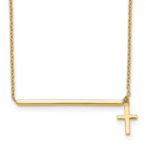 14k Yellow Gold Polished Finish Bar Dangle Cross Pendant Design in a 15-Inch with 2-Inch Extention Cable Chain Necklace Set