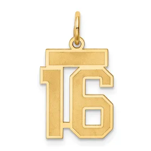 14k Yellow Gold Satin Brush Finish Small Size Number 16 Charm Pendant