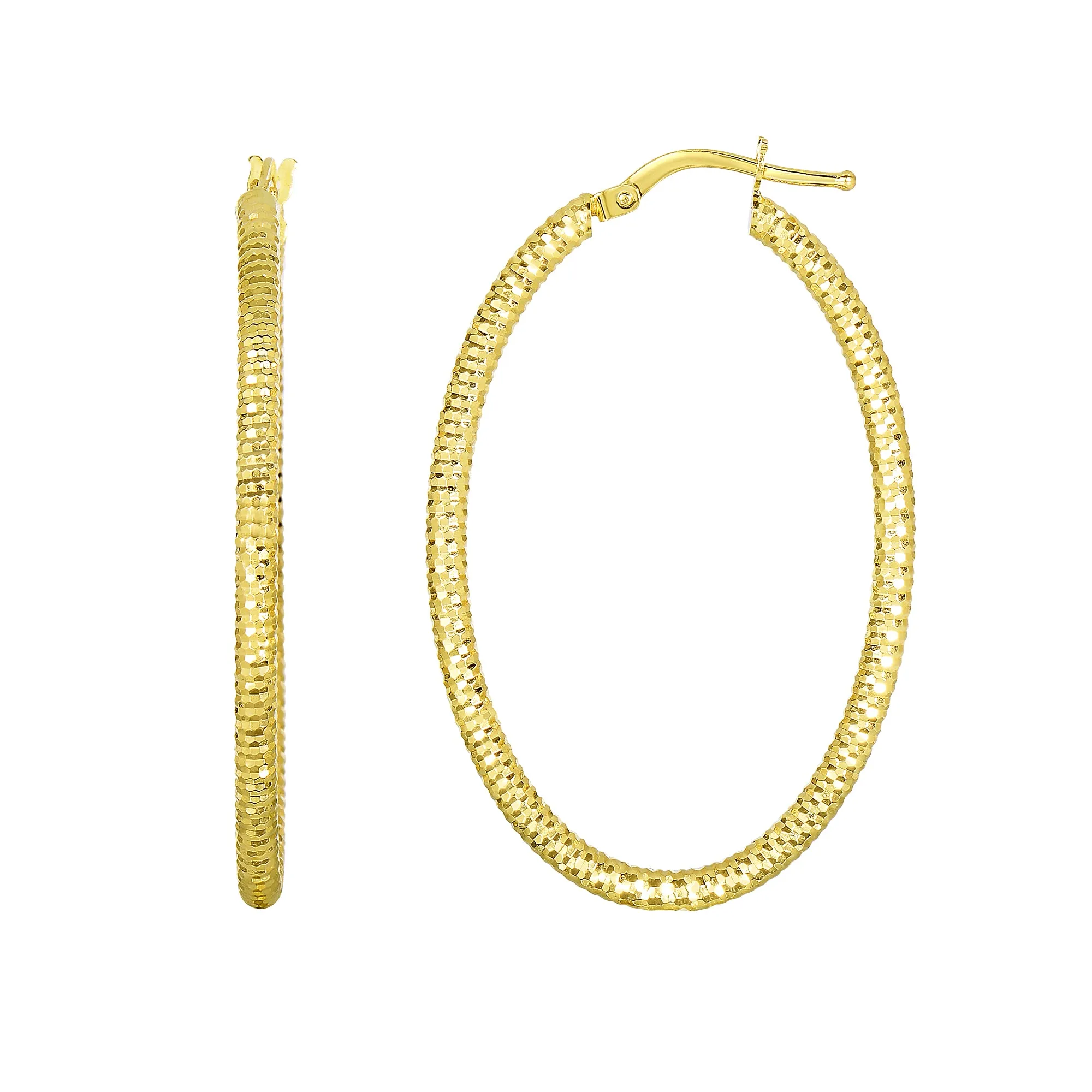 14K Yellow Gold Shiny Square Textured Oval Hoop Earrings