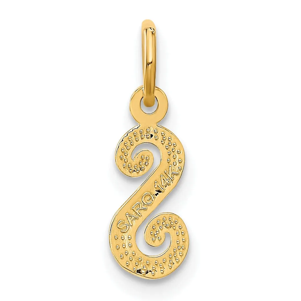 14K Yellow Gold Small Script Design Letter S Initial Charm Pendant