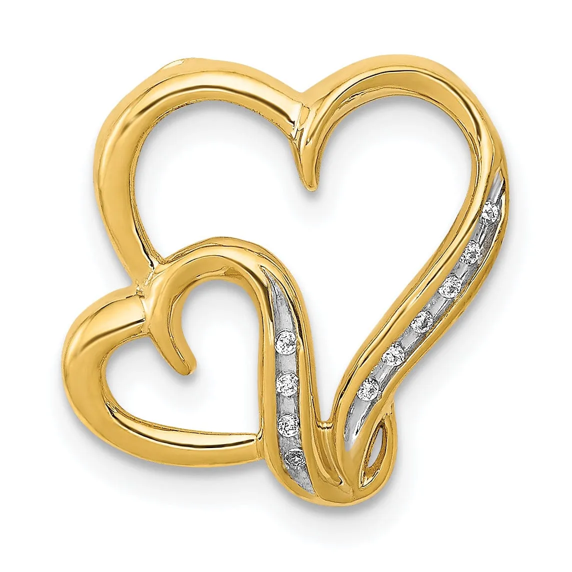 14k Yellow Gold, White Rhodium Open Back Polished Finish 0.03-CT Diamond Double Heart Swirl Design Shape Chain Slide Pendant