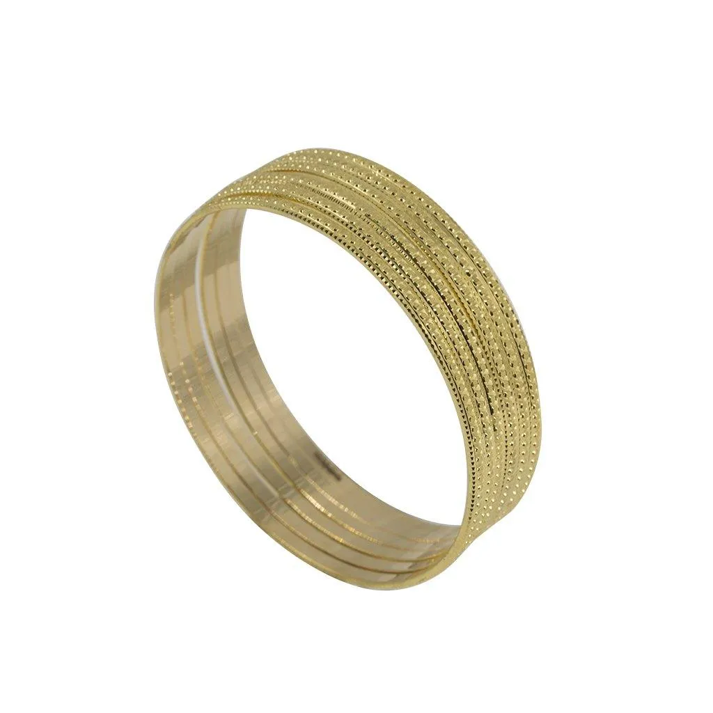 22K Yellow Gold Bangles, Set of 6 W/ Thin Lightly Textured Frame, Size 2.1