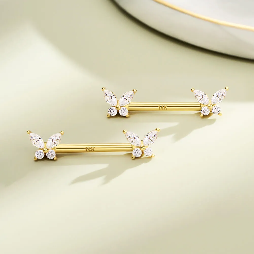 2Pcs 14K Solid Gold Butterfly Nipple Barbell Set