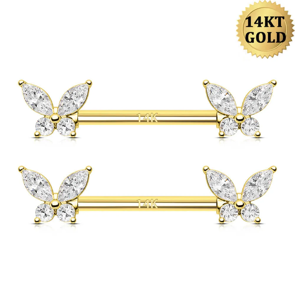 2Pcs 14K Solid Gold Butterfly Nipple Barbell Set