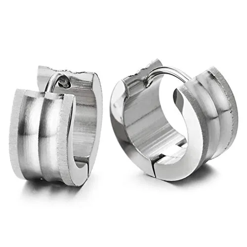 2pcs Stainless Steel Concave Grooved Huggie Hinged Hoop Earrings for Men Women, Polished and Satin