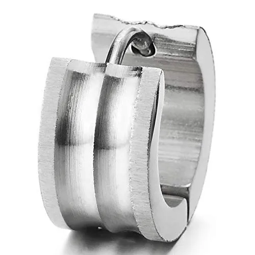 2pcs Stainless Steel Concave Grooved Huggie Hinged Hoop Earrings for Men Women, Polished and Satin