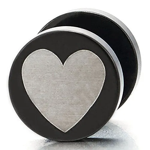 2pcs Womens Black Circle Heart Stud Earrings, Steel Cheater Fake Ear Plug Gauge Illusion Tunnel