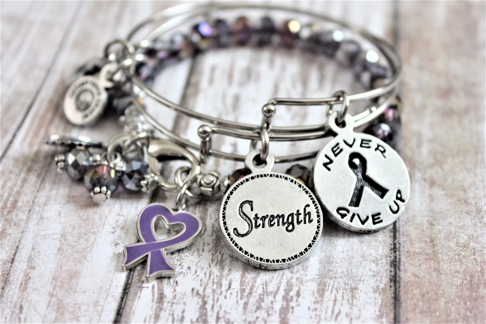 3 Bracelet Set Cystic Fibrosis Awareness Ribbon, Never Give Up And Strength Expandable Bangle Bracelet Splash Of Color Set