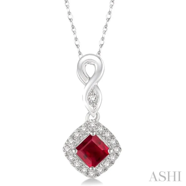 4x4 MM Cushion Shape Ruby and 1/10 Ctw Round Cut Diamond Pendant in 10K White Gold with Chain