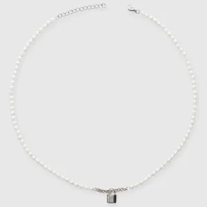 5mm Micro Lock Motif Pearl Necklace - White Gold