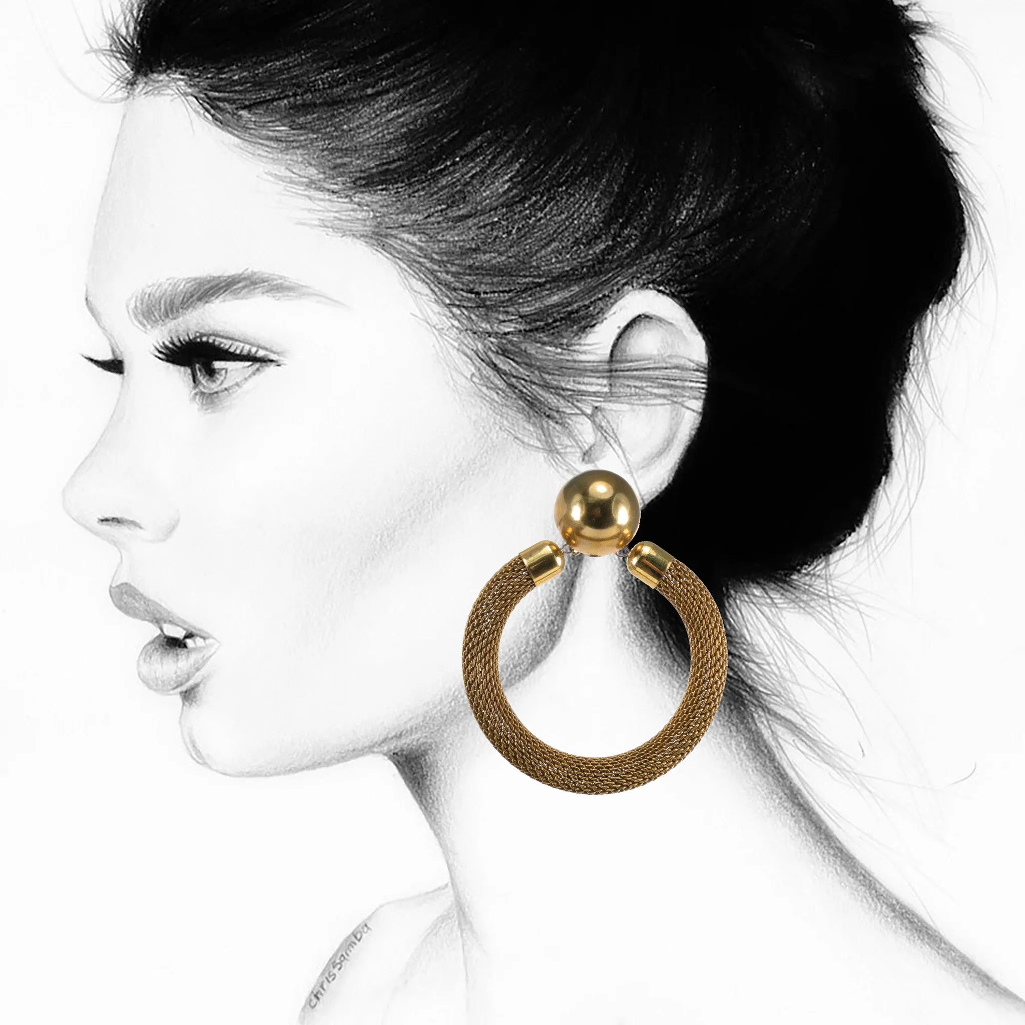 #883e Gold Tone Metal Mesh Hoop Earrings With Button Top