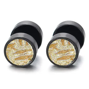 8mm Men Women Black Circle Stud Earrings Gold Textured Sand Glitter Steel Cheater Fake Plug Gauges