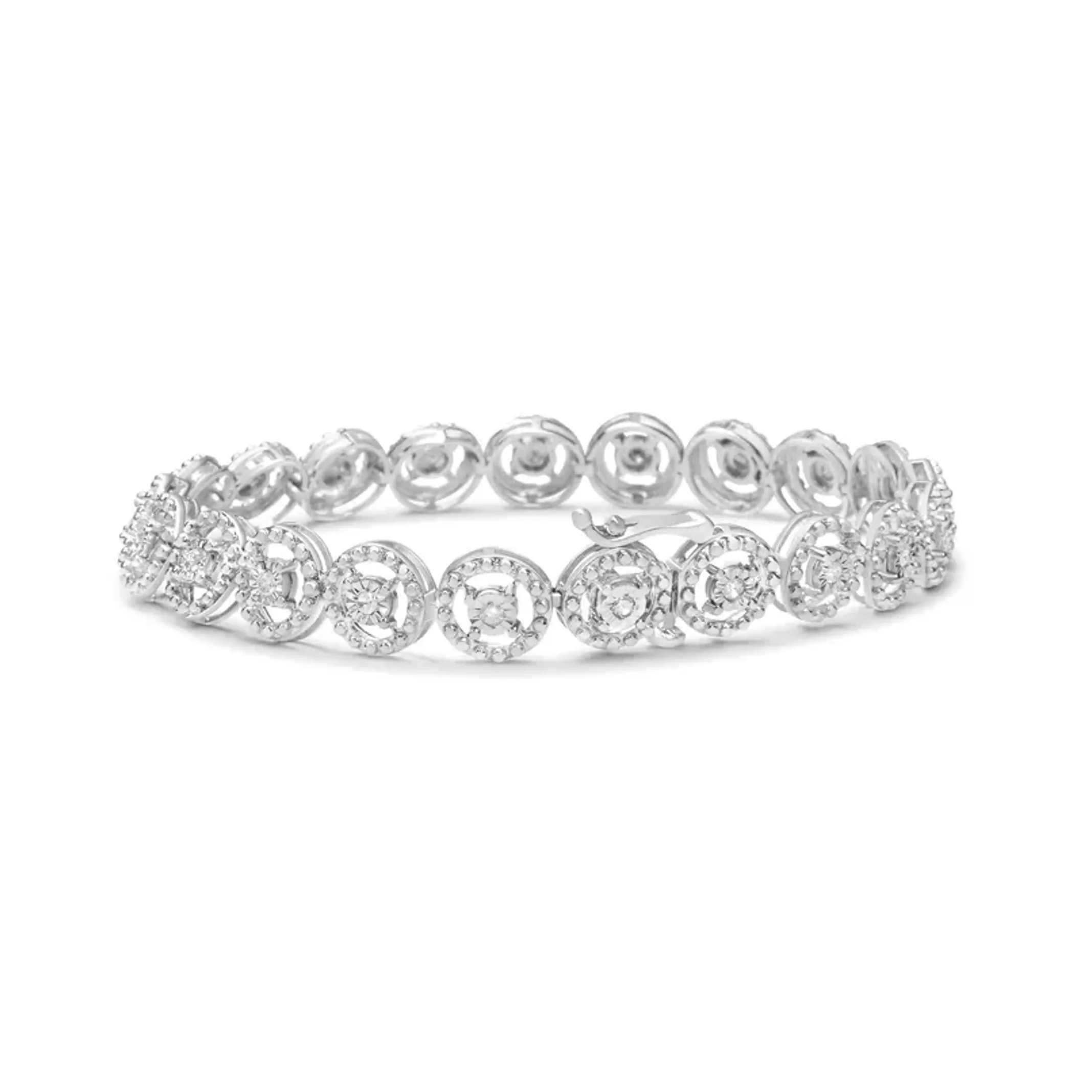 .925 Sterling Silver 1/2 Cttw Diamond Nested Circle Miracle Set Open Wheel 7" Fashion Link Bracelet (I-J Color, I3 Clarity)