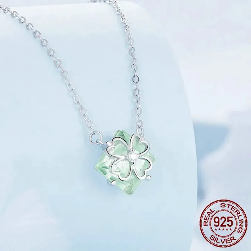 925 Sterling Silver Light Green Four-leaf Clover Pendant Necklace Lucky Neck Chain for Women Trendy Fine Jewelry