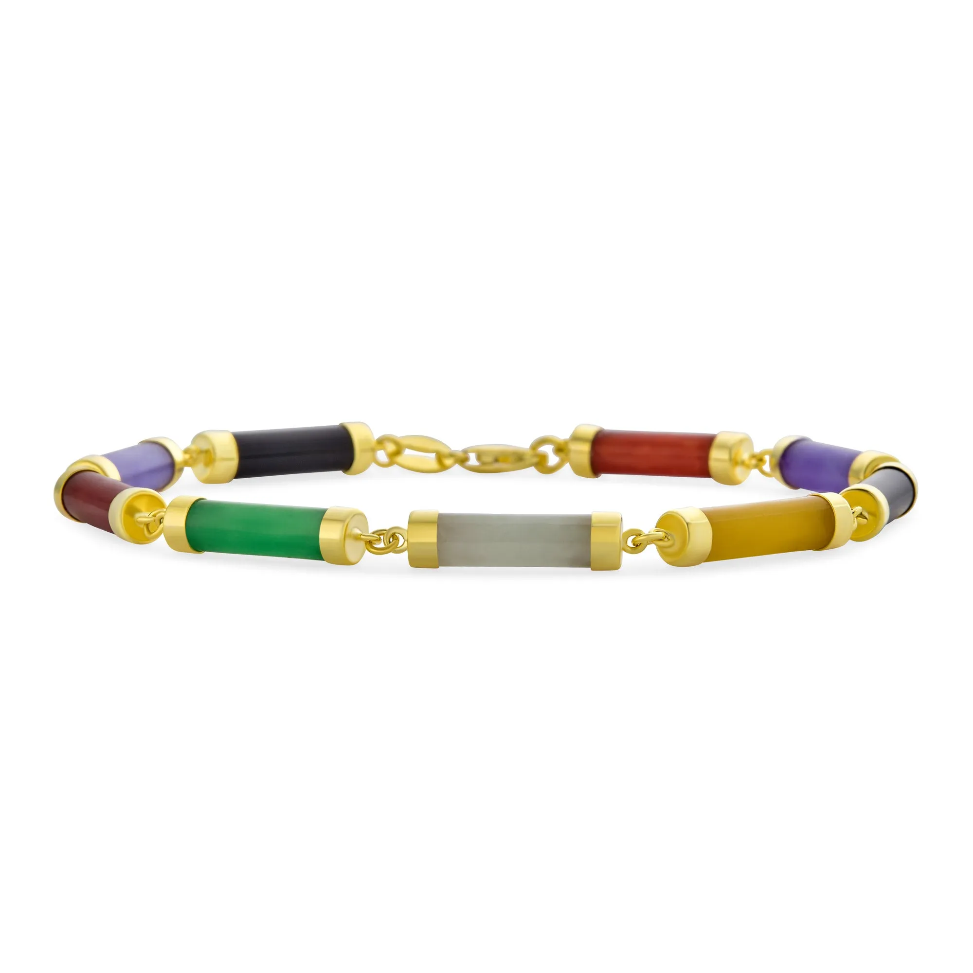 Asian Style Gemstone Chain Link Bracelet with Multi-Color Jade and Onyx 14K Gold Plated