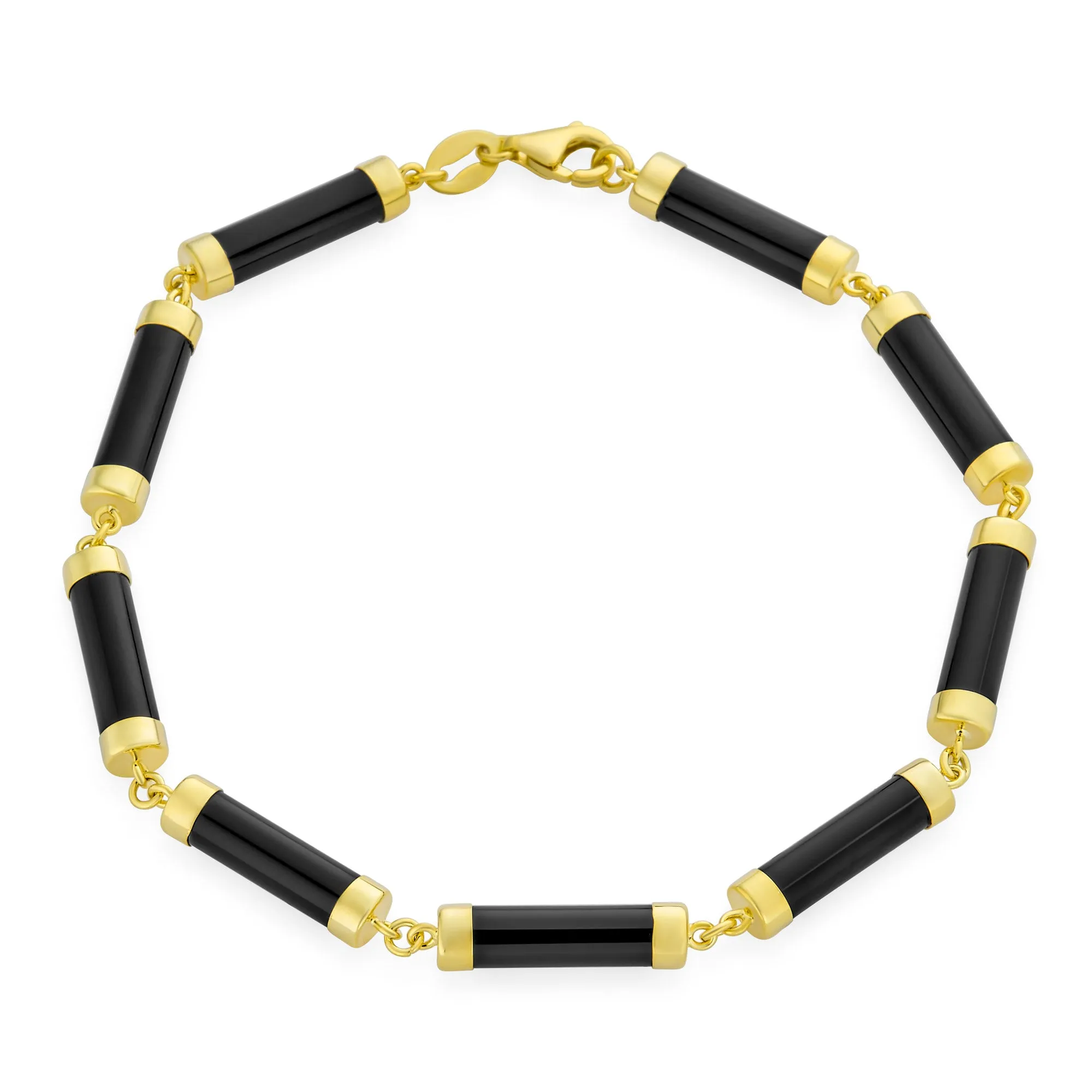 Asian Style Gemstone Chain Link Bracelet with Multi-Color Jade and Onyx 14K Gold Plated