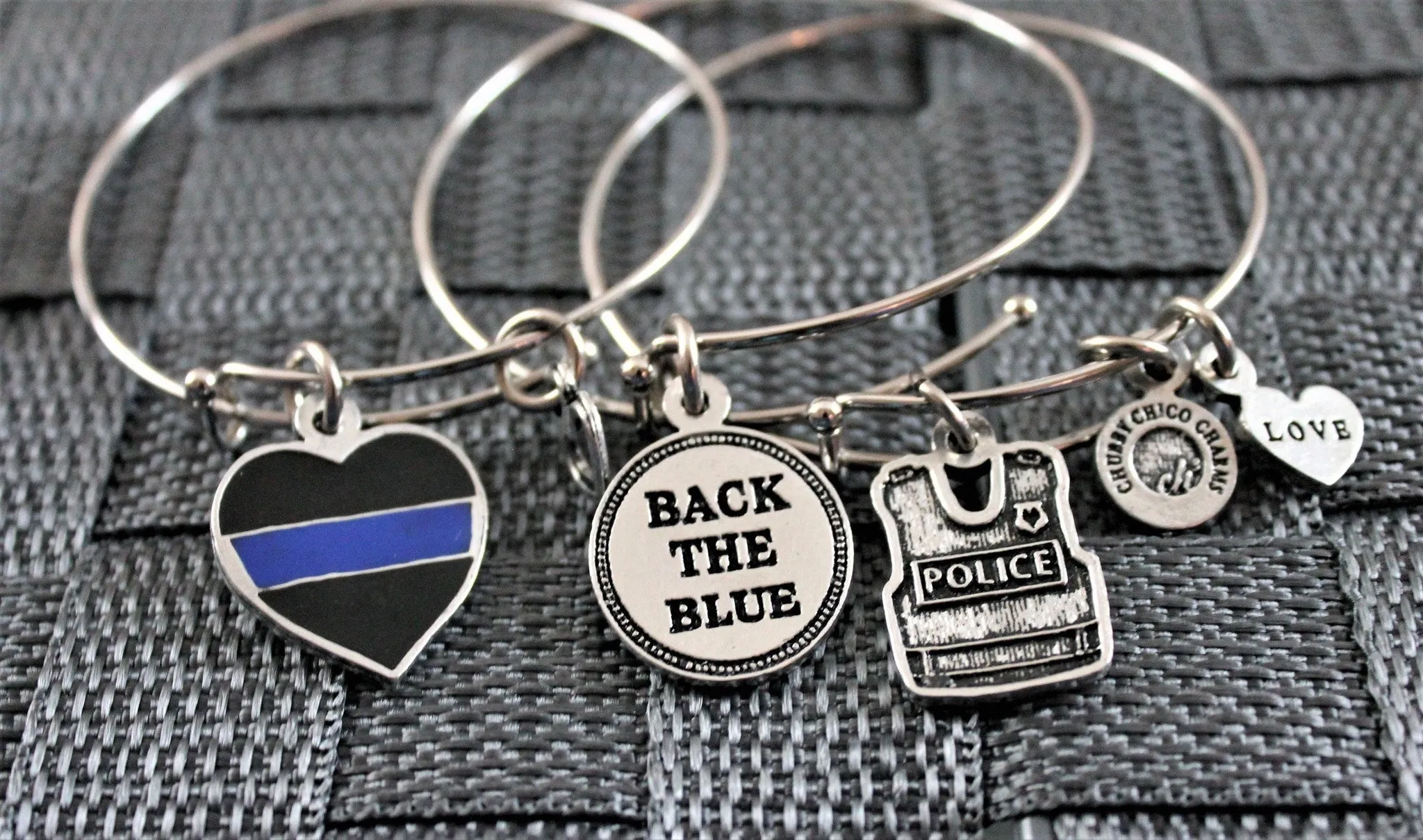 Back The Blue, Thin Blue Line, Police Vest Trio Expandable Bangles Bracelets Set