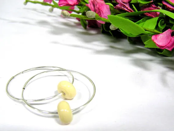 Beige Beaded Sterling Silver Hoop Earrings