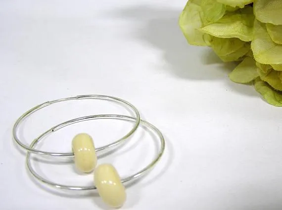 Beige Beaded Sterling Silver Hoop Earrings