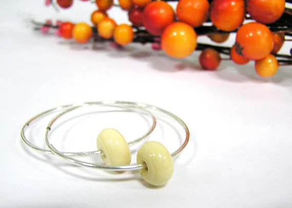 Beige Beaded Sterling Silver Hoop Earrings