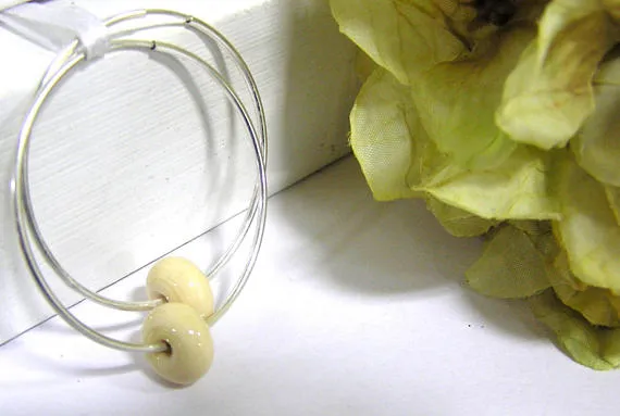 Beige Beaded Sterling Silver Hoop Earrings