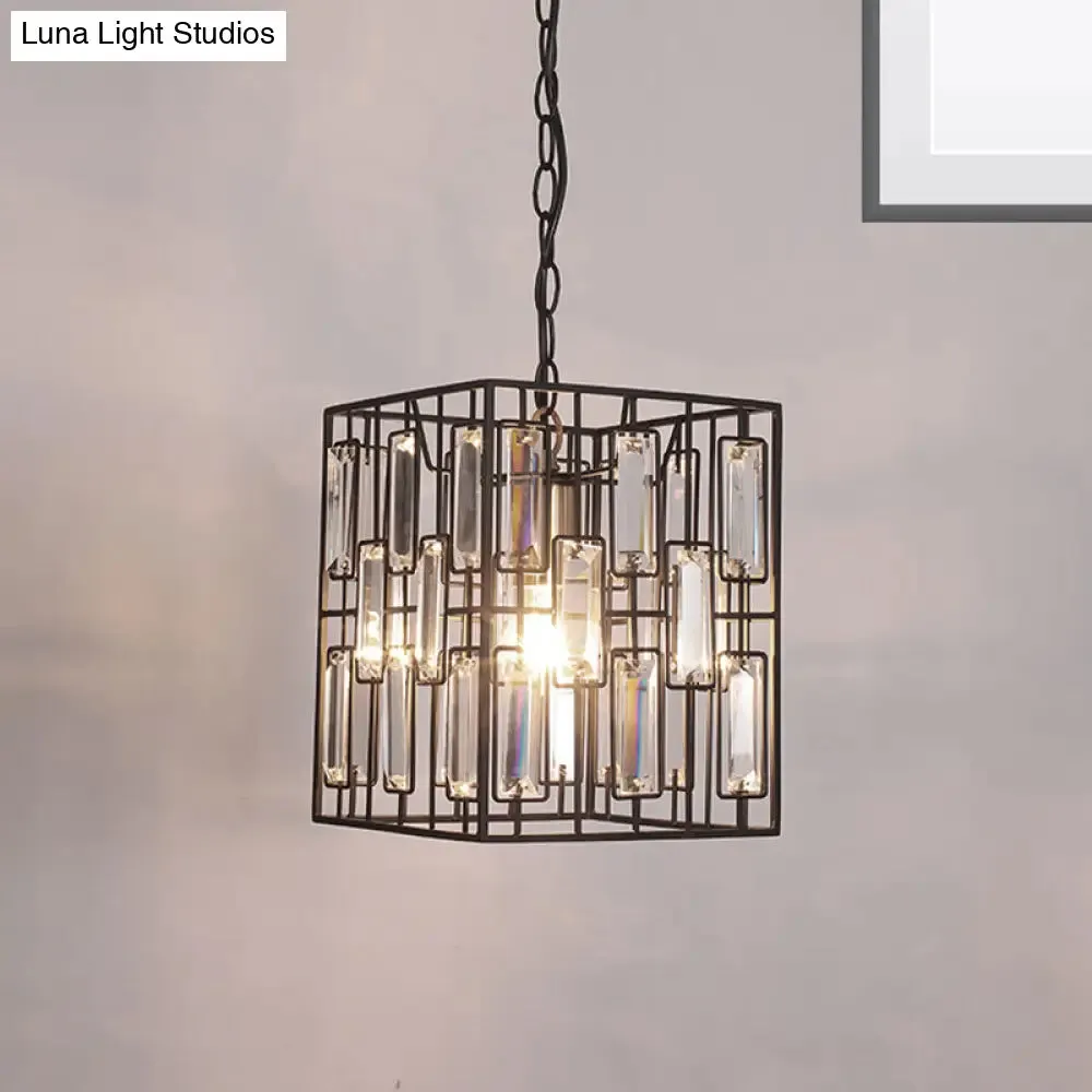 Black Cuboid Pendant Lamp - 8"/10"/12.5" Width - Traditional Metallic Ceiling Light with Crystal Icicle - 1 Bulb