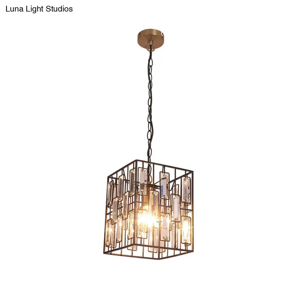 Black Cuboid Pendant Lamp - 8"/10"/12.5" Width - Traditional Metallic Ceiling Light with Crystal Icicle - 1 Bulb