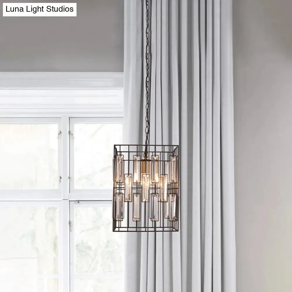 Black Cuboid Pendant Lamp - 8"/10"/12.5" Width - Traditional Metallic Ceiling Light with Crystal Icicle - 1 Bulb