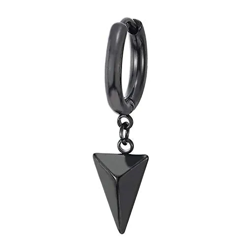 Black Huggie Hinged Earrings with Dangling Triangle Pyramid, Mens Womens, Stainless Steel, 2pcs