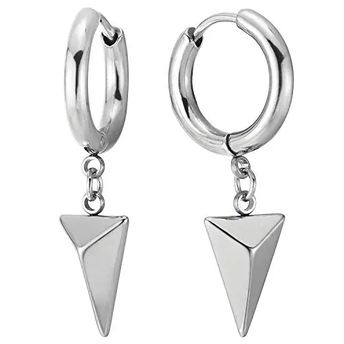 Black Huggie Hinged Earrings with Dangling Triangle Pyramid, Mens Womens, Stainless Steel, 2pcs