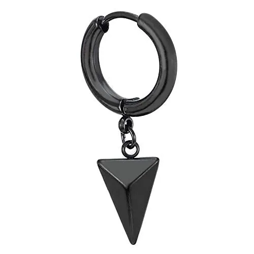 Black Huggie Hinged Earrings with Dangling Triangle Pyramid, Mens Womens, Stainless Steel, 2pcs