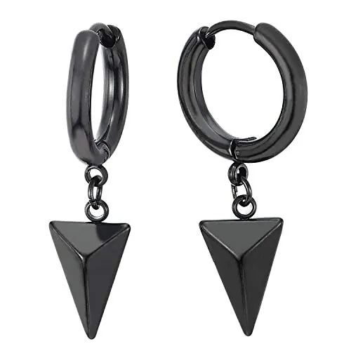 Black Huggie Hinged Earrings with Dangling Triangle Pyramid, Mens Womens, Stainless Steel, 2pcs