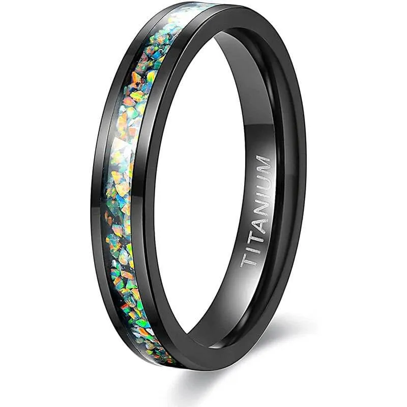 Black Men's Titanium Wedding Band with Opal Inlay