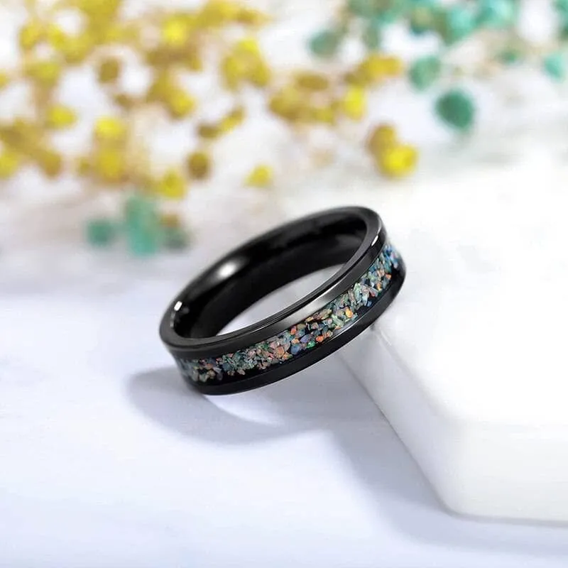 Black Men's Titanium Wedding Band with Opal Inlay