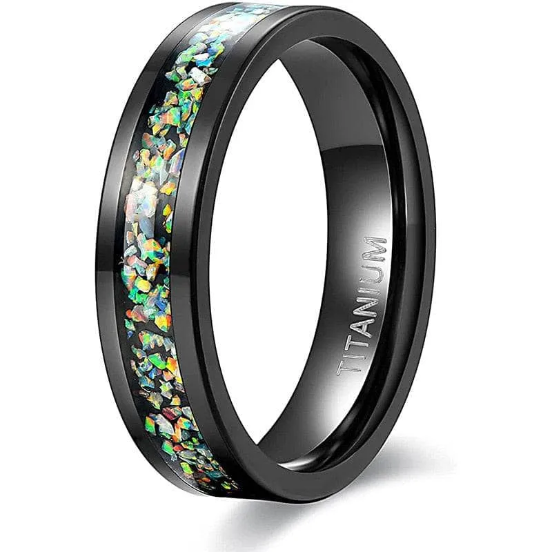 Black Men's Titanium Wedding Band with Opal Inlay