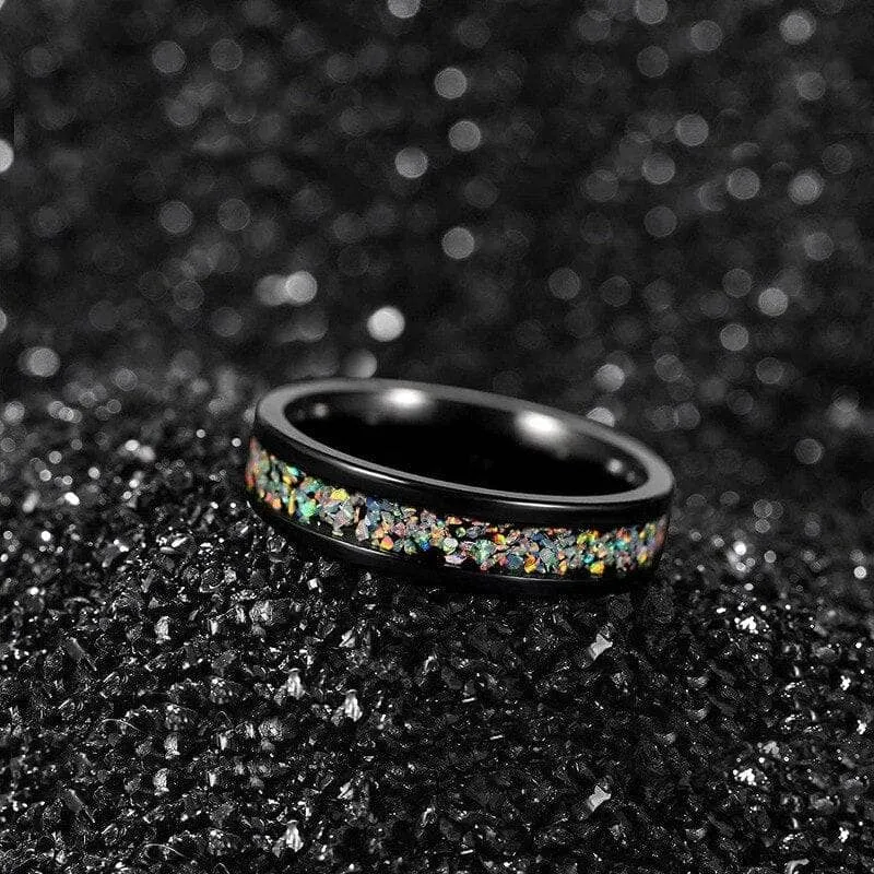 Black Men's Titanium Wedding Band with Opal Inlay