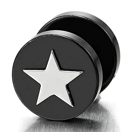 Black Steel Mens Women Pentagram Star Stud Earrings, Cheater Fake Ear Plugs Gauges, 2 pcs