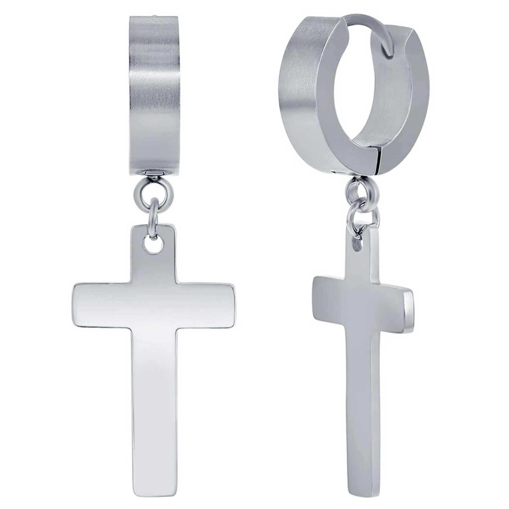 Blackjack Men's Earrings - Stainless Steel Cross Charm Polished Huggie Hoop | SA-6084