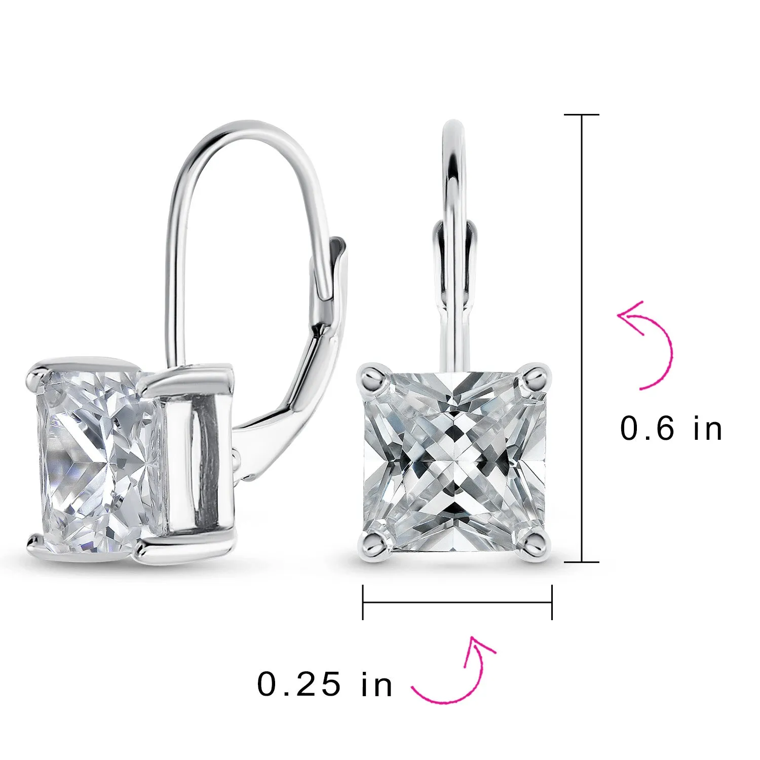 Bridal Lever-Back Princess Cut Solitaire Square CZ Earrings Sterling Silver 7MM