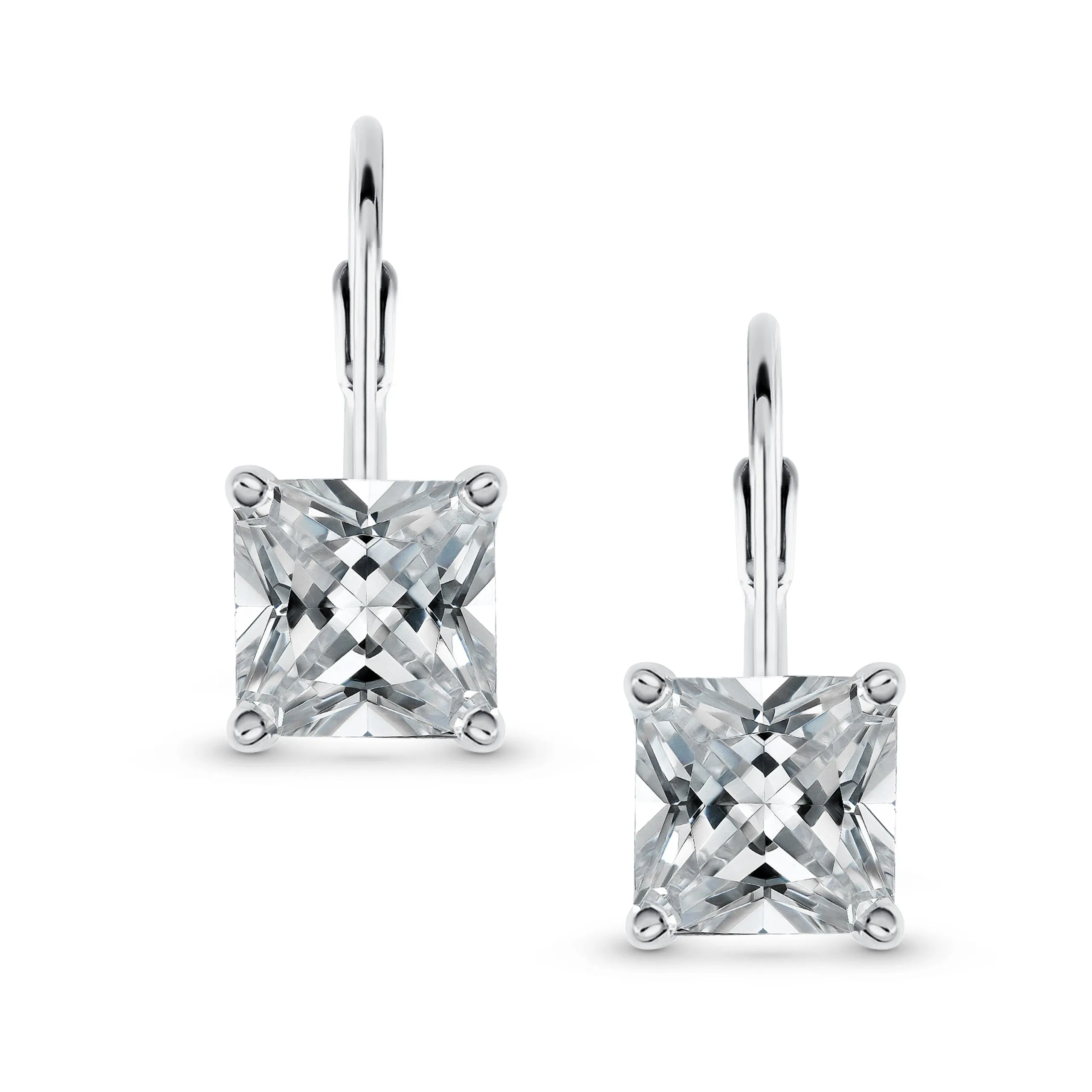 Bridal Lever-Back Princess Cut Solitaire Square CZ Earrings Sterling Silver 7MM