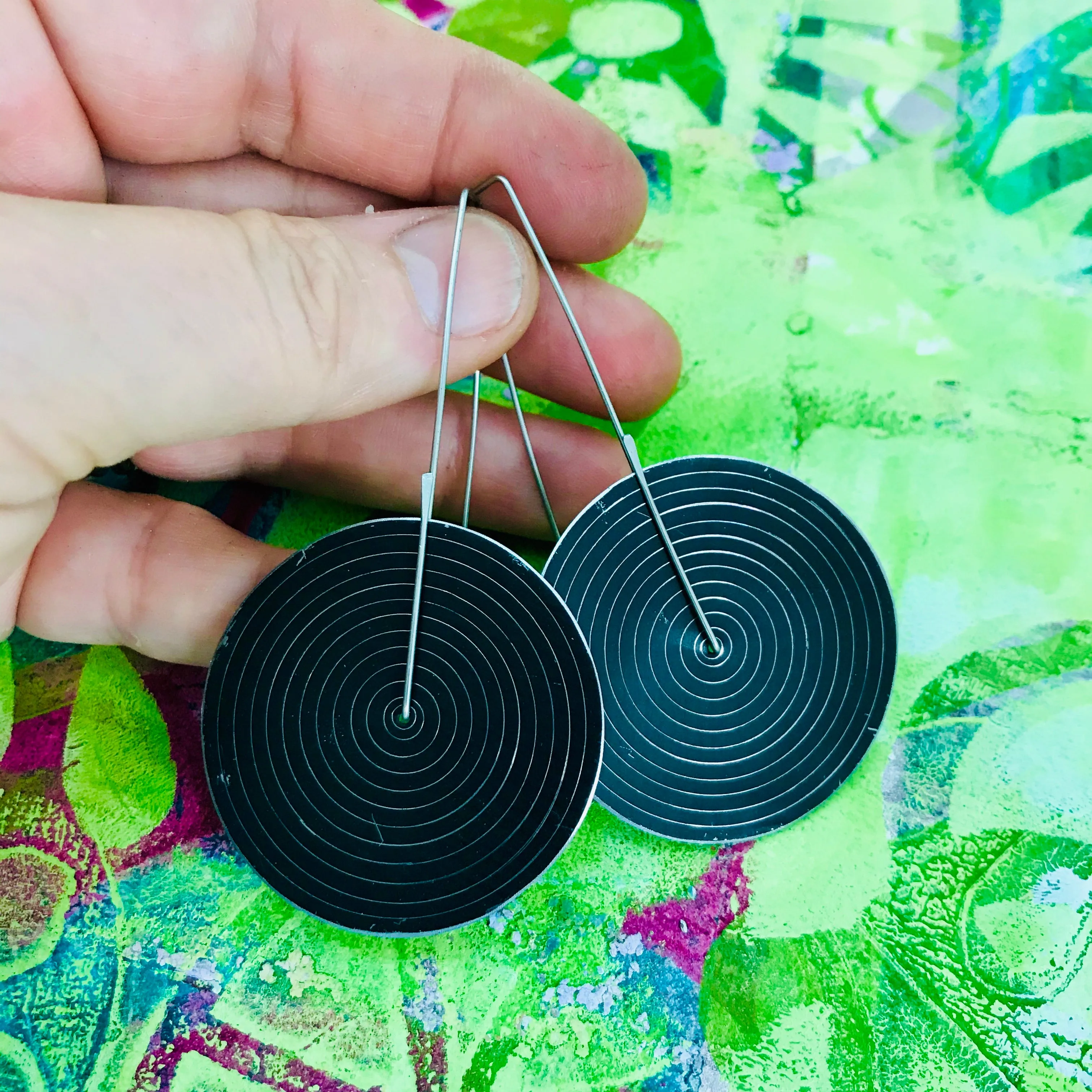 Contemporary Black Concentric Circle Big Recycled Tin Earrings