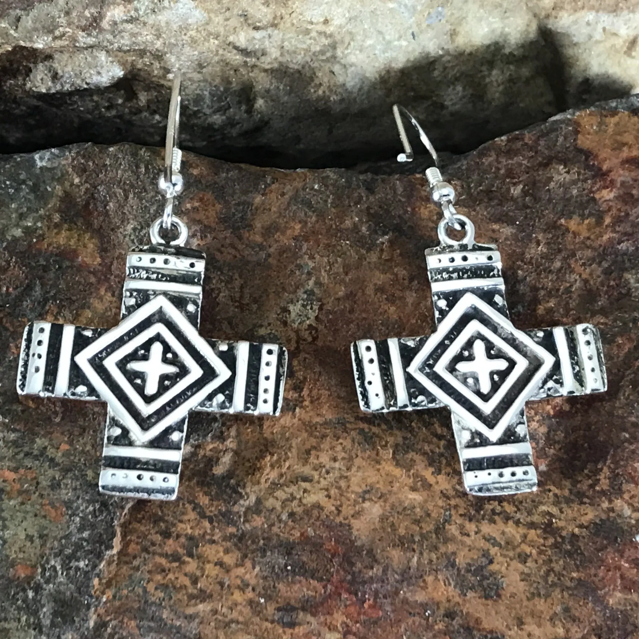 David Rosales Shalako Inlaid Sterling Silver Earrings Cross