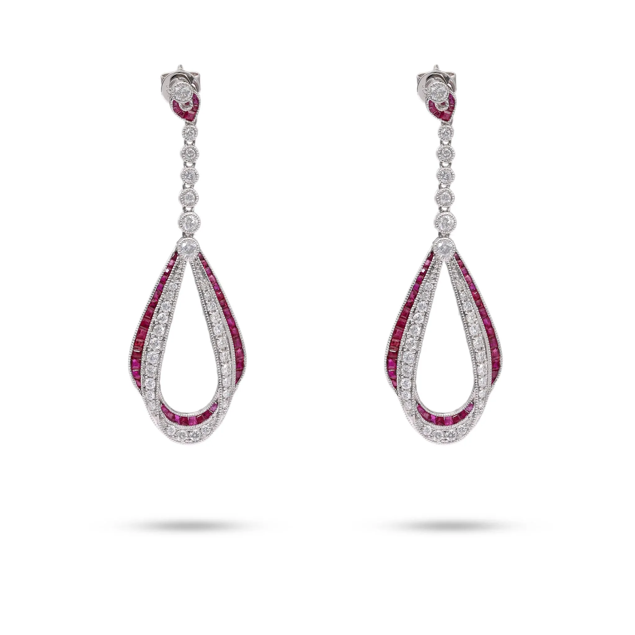 Diamond Ruby 14k White Gold Dangle Earrings